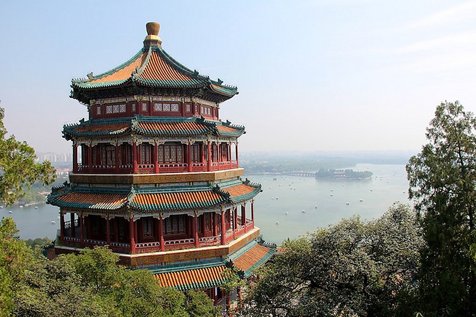 A traditional pavilion overlooking a distant landscape